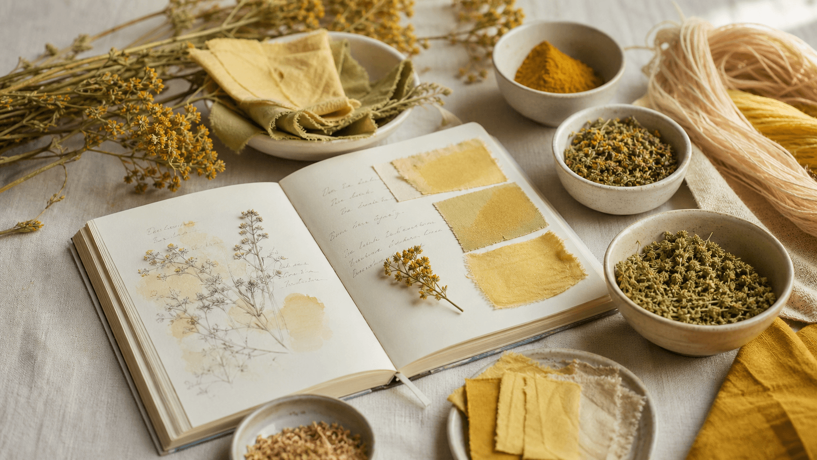 Notebook tintorio, palette gialle naturali e materiali botanici