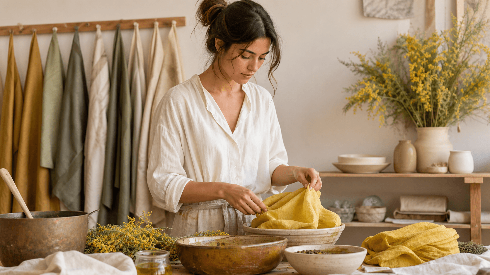 Giovane donna prepara una ricetta tintoria naturale in atelier