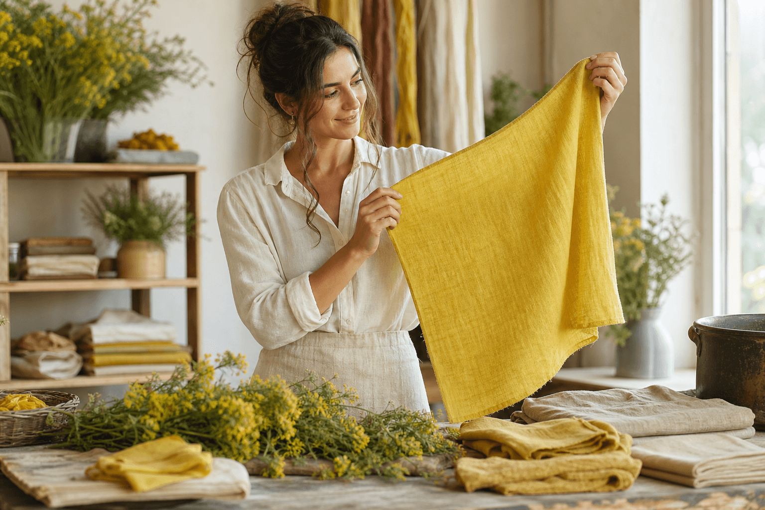 Giovane donna mostra un tessuto giallo tinto naturalmente