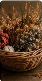 Cesto con fibre, fiori e materiali tintori