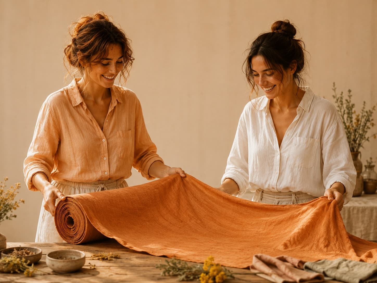 Tavolo di lavoro con materiali per tintura naturale